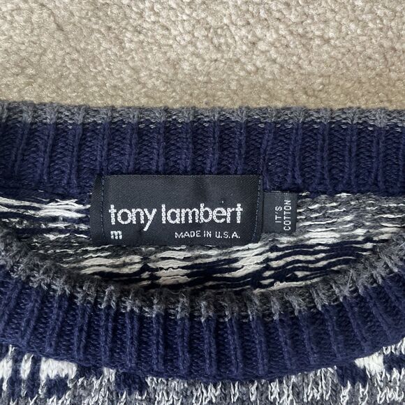 Tony Lambert Sweater Mens Medium Cotton Vintage Textured Navy USA 90s Cosby - Picture 2 of 6